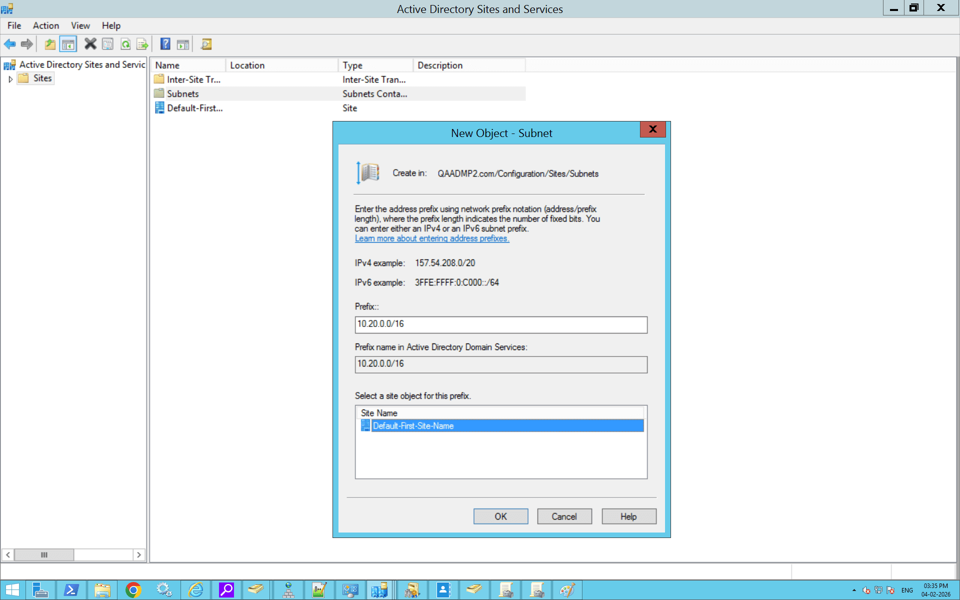 How to create a subnet in Active Directory Sites and Services.