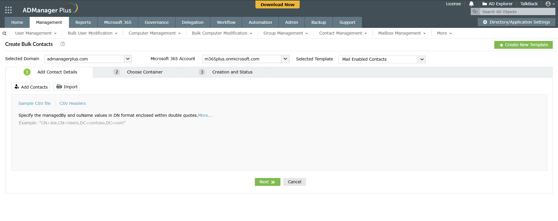 How to create bulk contacts in Active Directory through CSV import using ADManager Plus