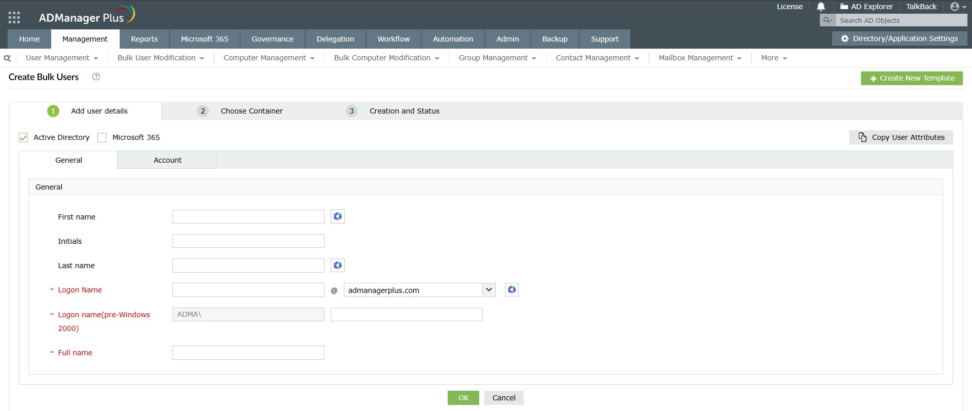 How to create bulk users in Active Directory using templates in ADManager Plus
