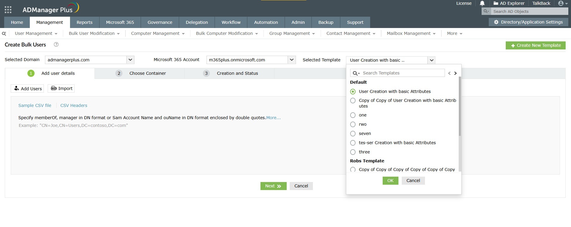 How to create bulk users in Active Directory using templates in ADManager Plus