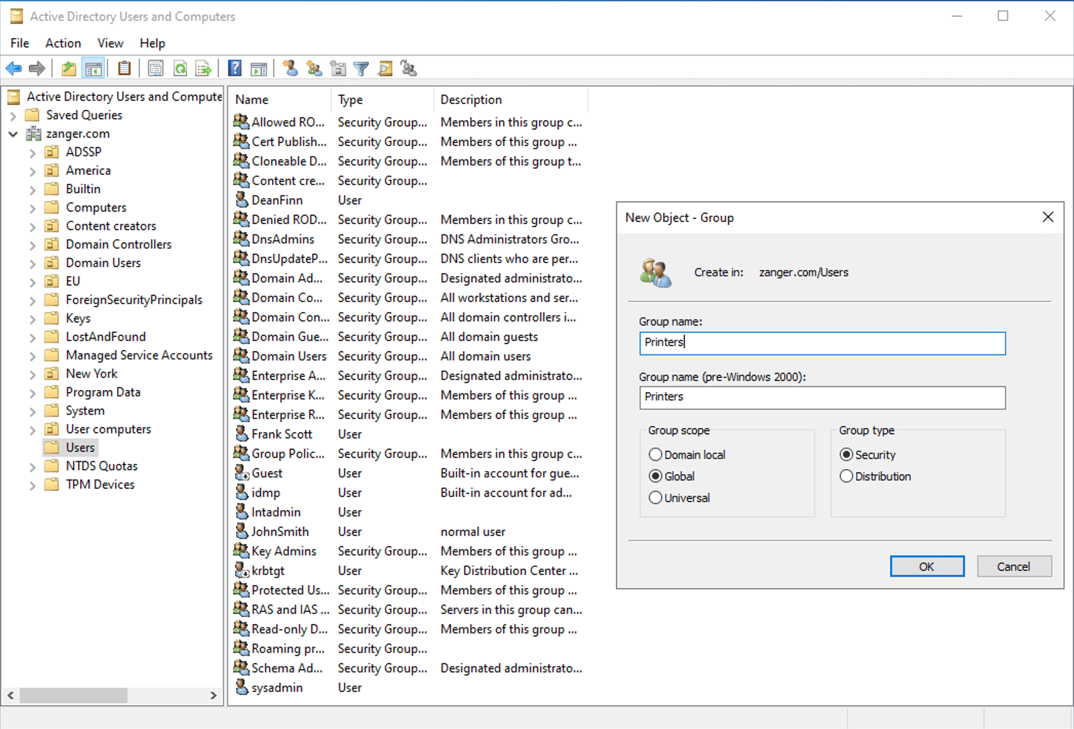 Creating a Security Group named Printers using ADUC