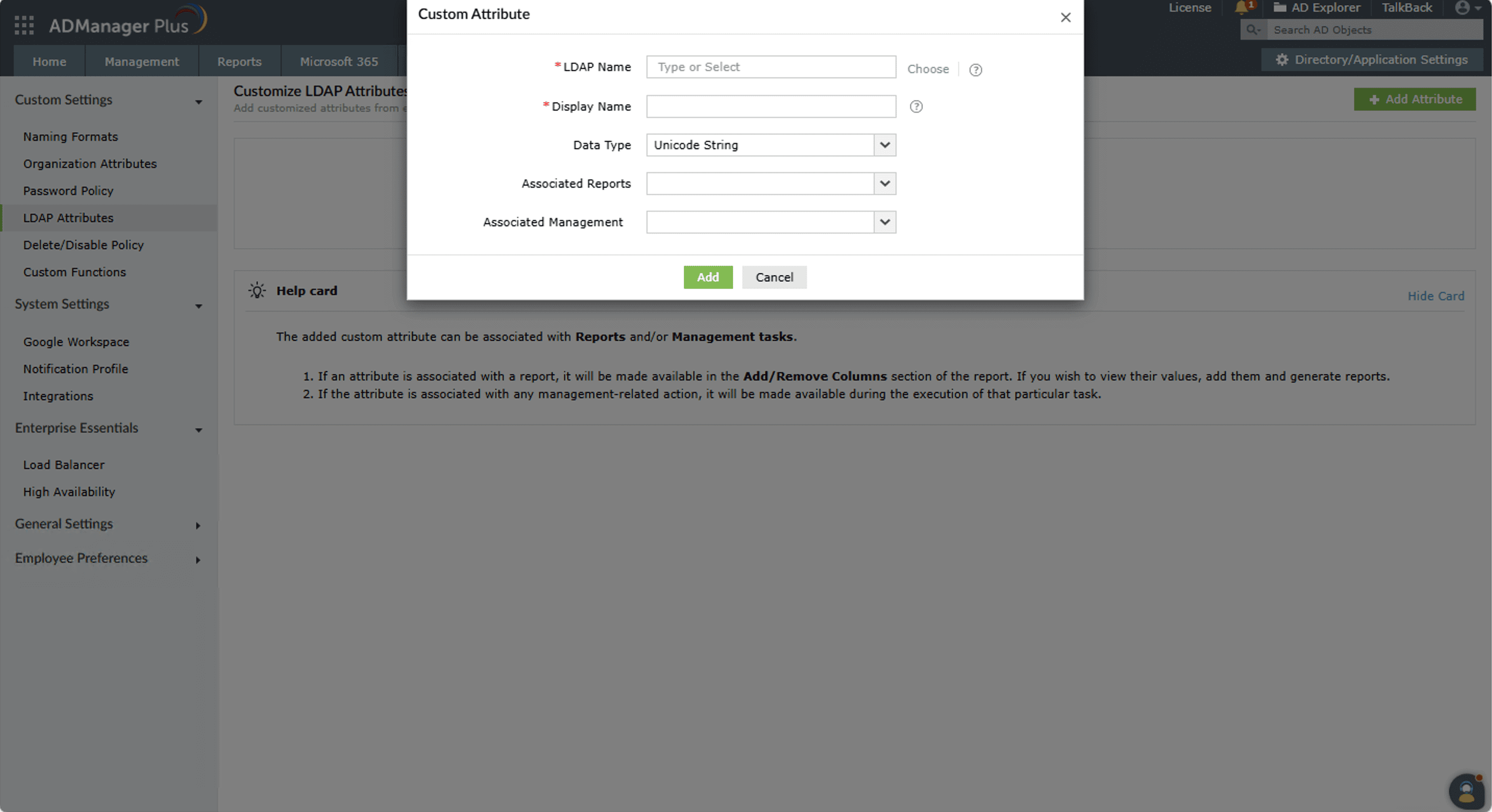 Create a custom attribute in ADManager Plus without touching the Active Directory schema.