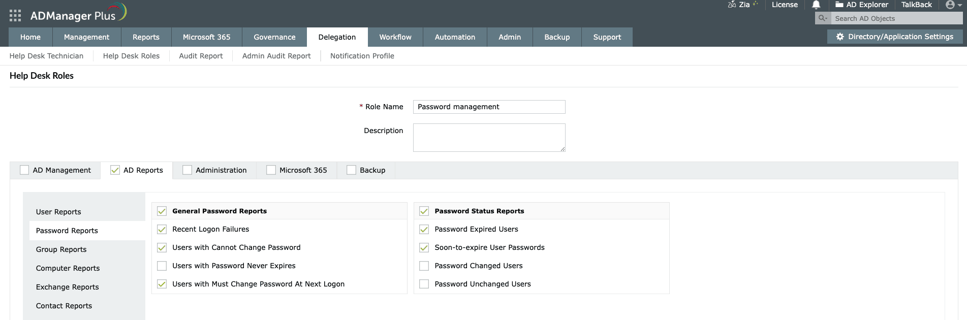 Delegating password management tasks to non-admin users using ADManager Plus.