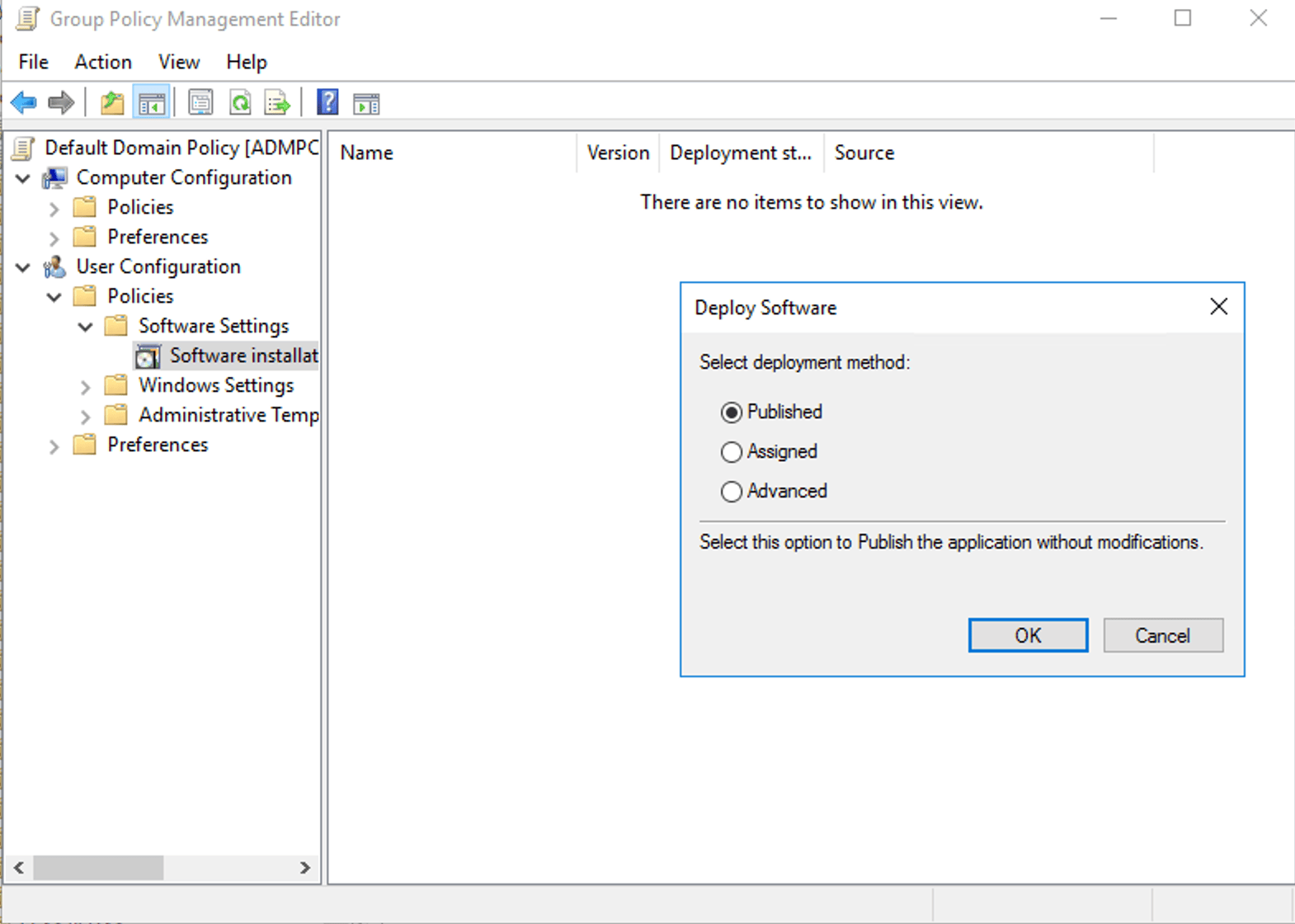 Install software via GPO using published deployment