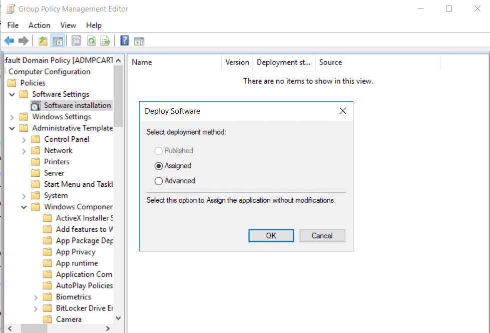 The Software Installation Properties dialog in Group Policy, showing the Assigned deployment method selected for the new software package.