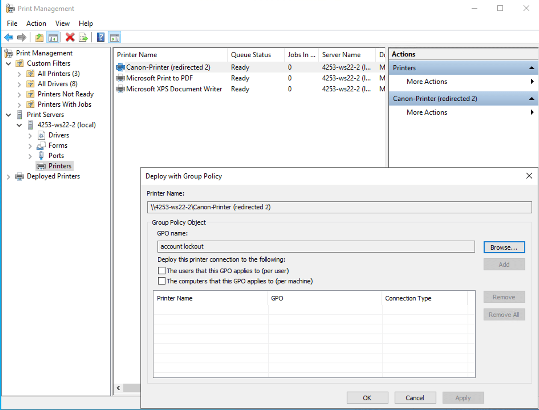 Deploy printers using Group Policy in Print Management console