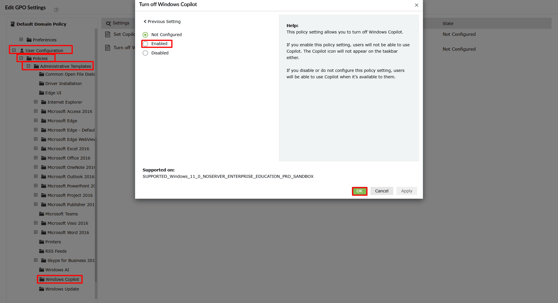 The Turn off Windows Copilot GPO setting selected and toggled to Disabled in the Manage GPO Settings task of ADManager Plus.