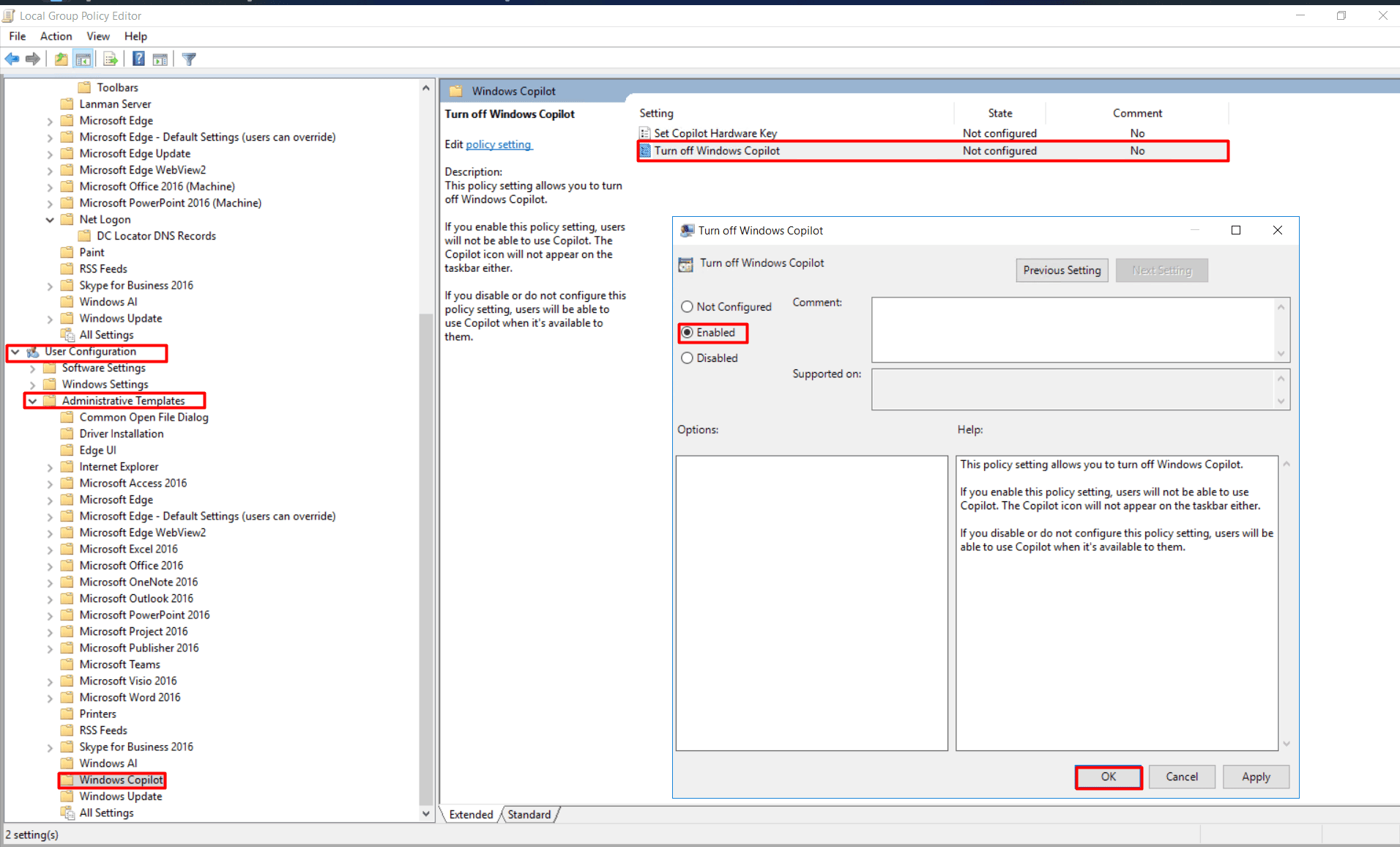 The GPMC with the Turn off Windows Copilot GPO setting selected and toggled to Disabled.