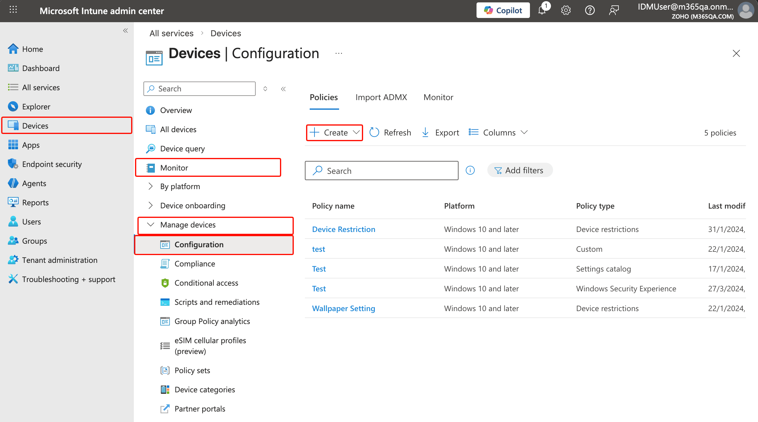 The Microsoft Intune admin center Devices Configuration page with the Create button highlighted to start a new settings catalog policy for users.