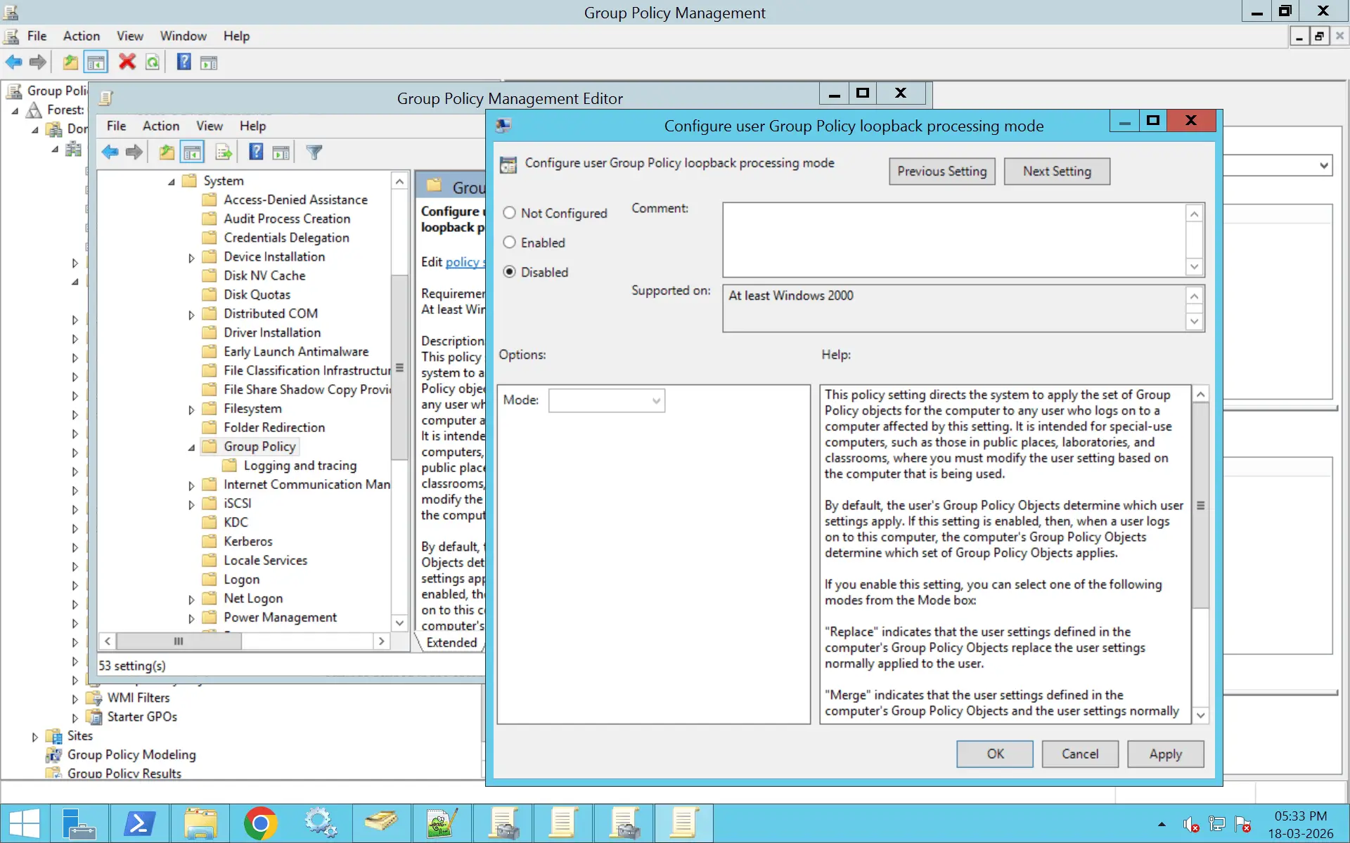A comprehensive image showing how to disable GPO loopback processing using GPMC.
