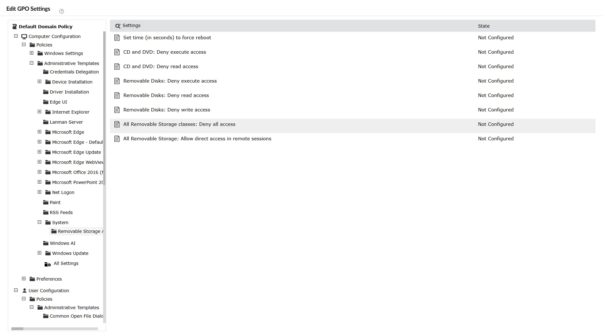 The All Removable Storage classes: Deny all access setting selected in the Manage GPO Settings task of ADManager Plus.