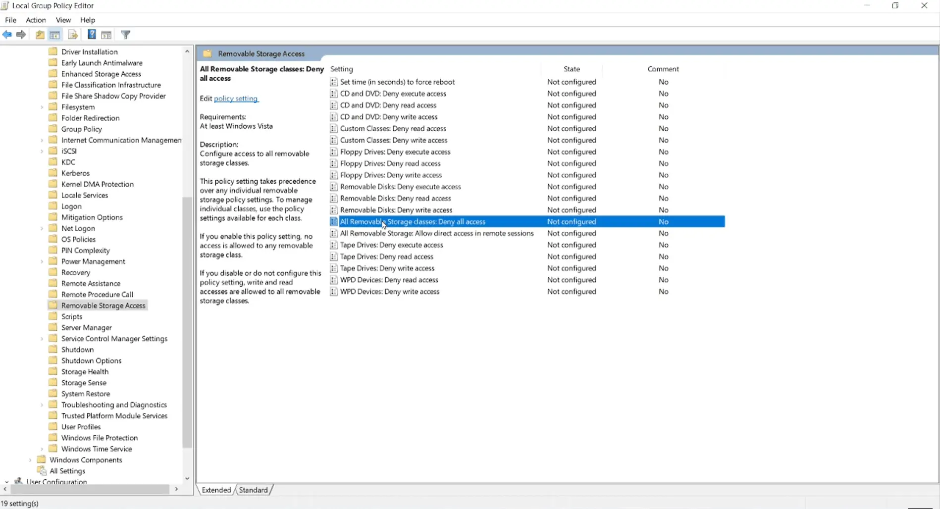 The Group Policy Management Console (GPMC) with the All Removable Storage classes: Deny all access setting selected.