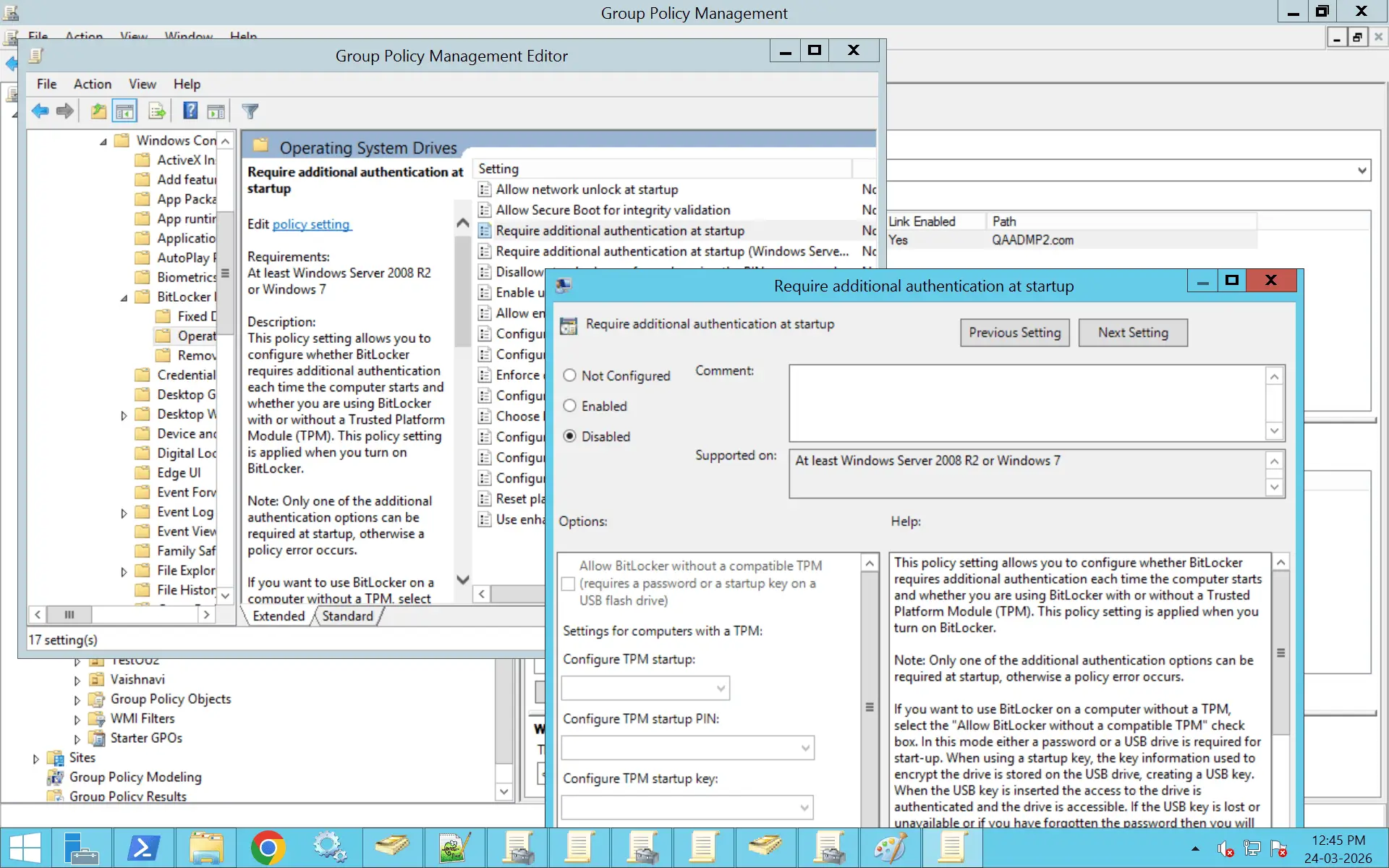 A comprehensive image showing how to disable BitLocker GPO using the GPMC