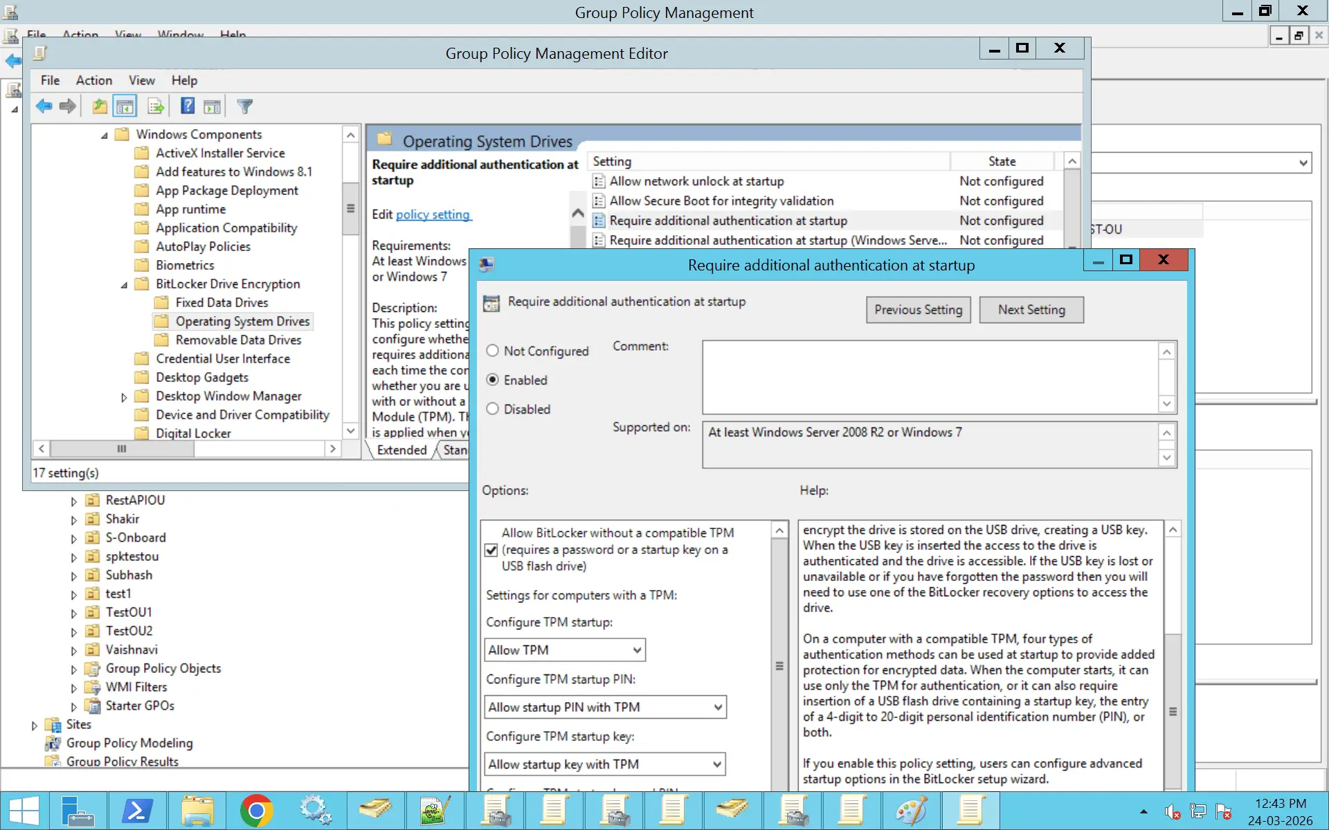 A comprehensive image showing how to enable BitLocker GPO using the GPMC