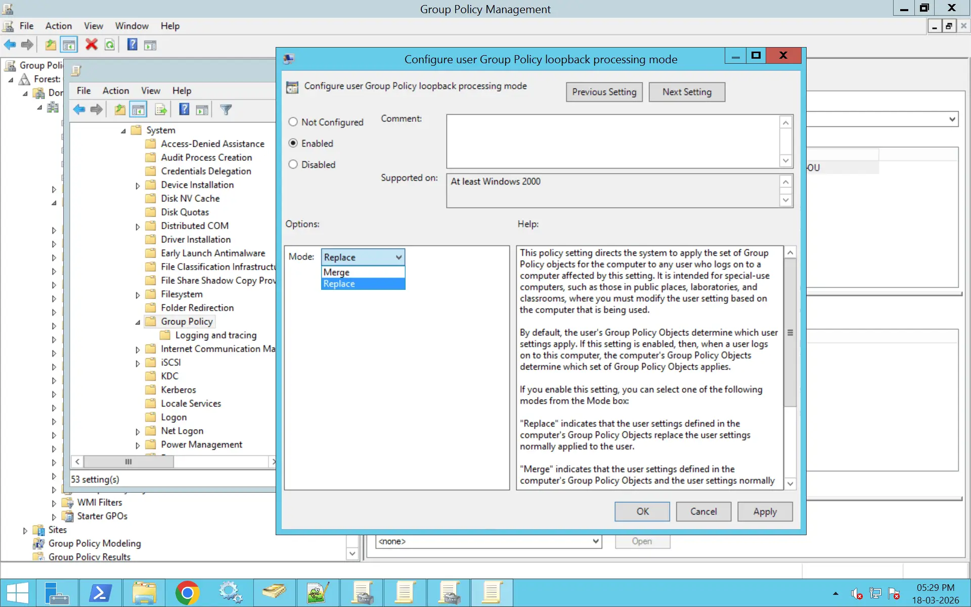 A comprehensive image showing how to enable GPO loopback processing using GPMC.