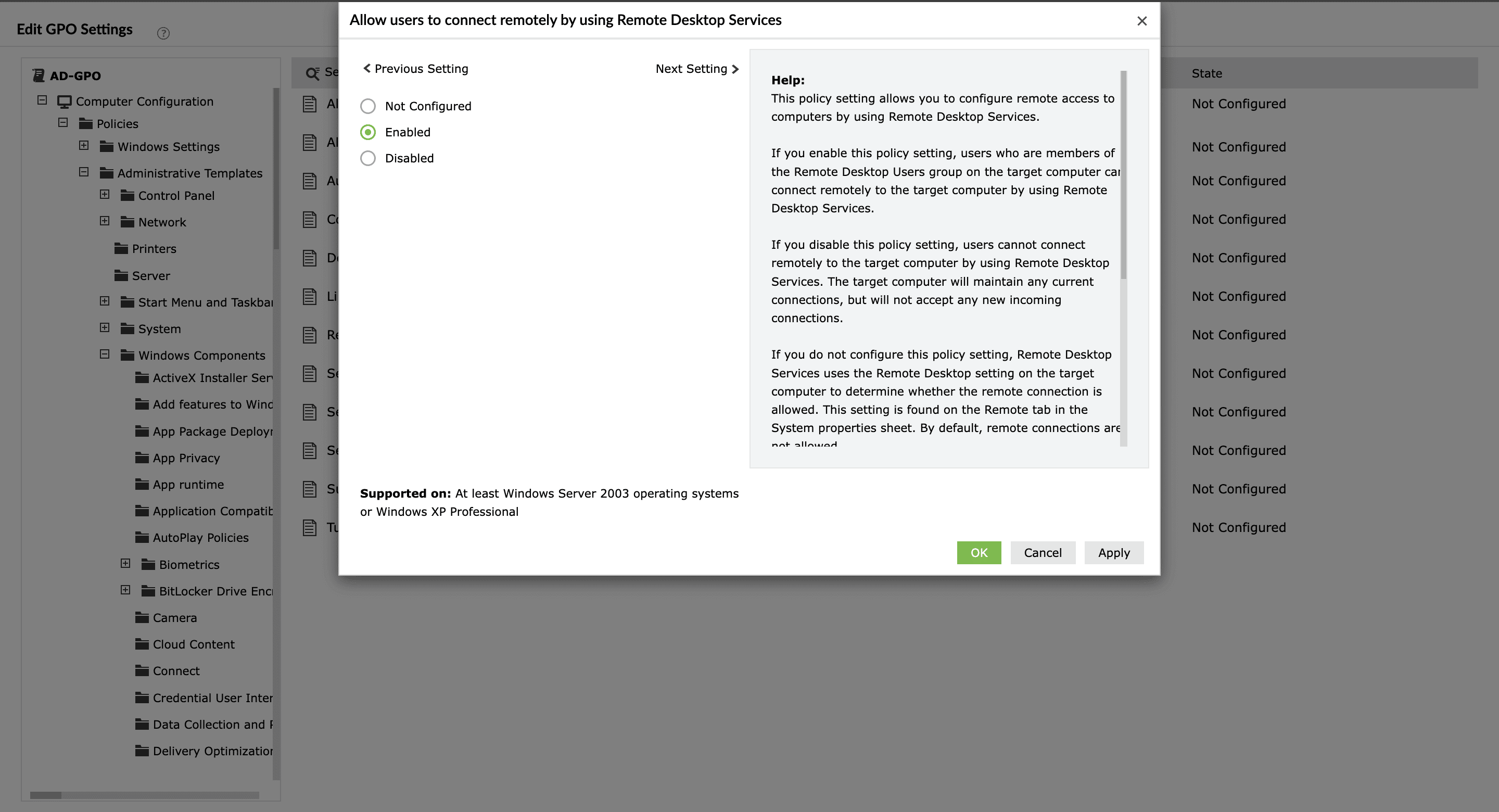 Setting Allow remote connections to Enabled using Group Policies in ADManager Plus.