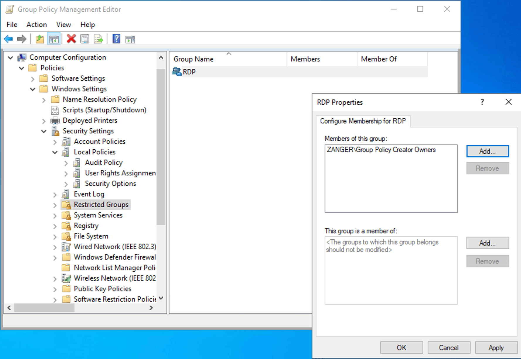 Enabling RDP using Restricted Groups.