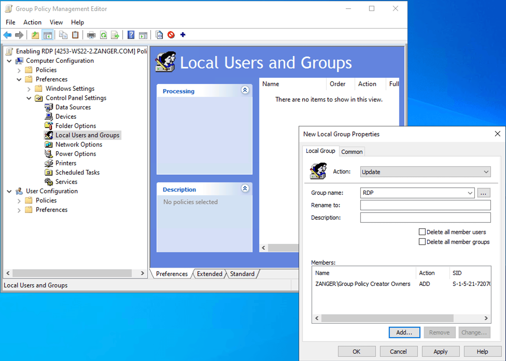 Adding a domain group to the RDP local group via Group Policy.