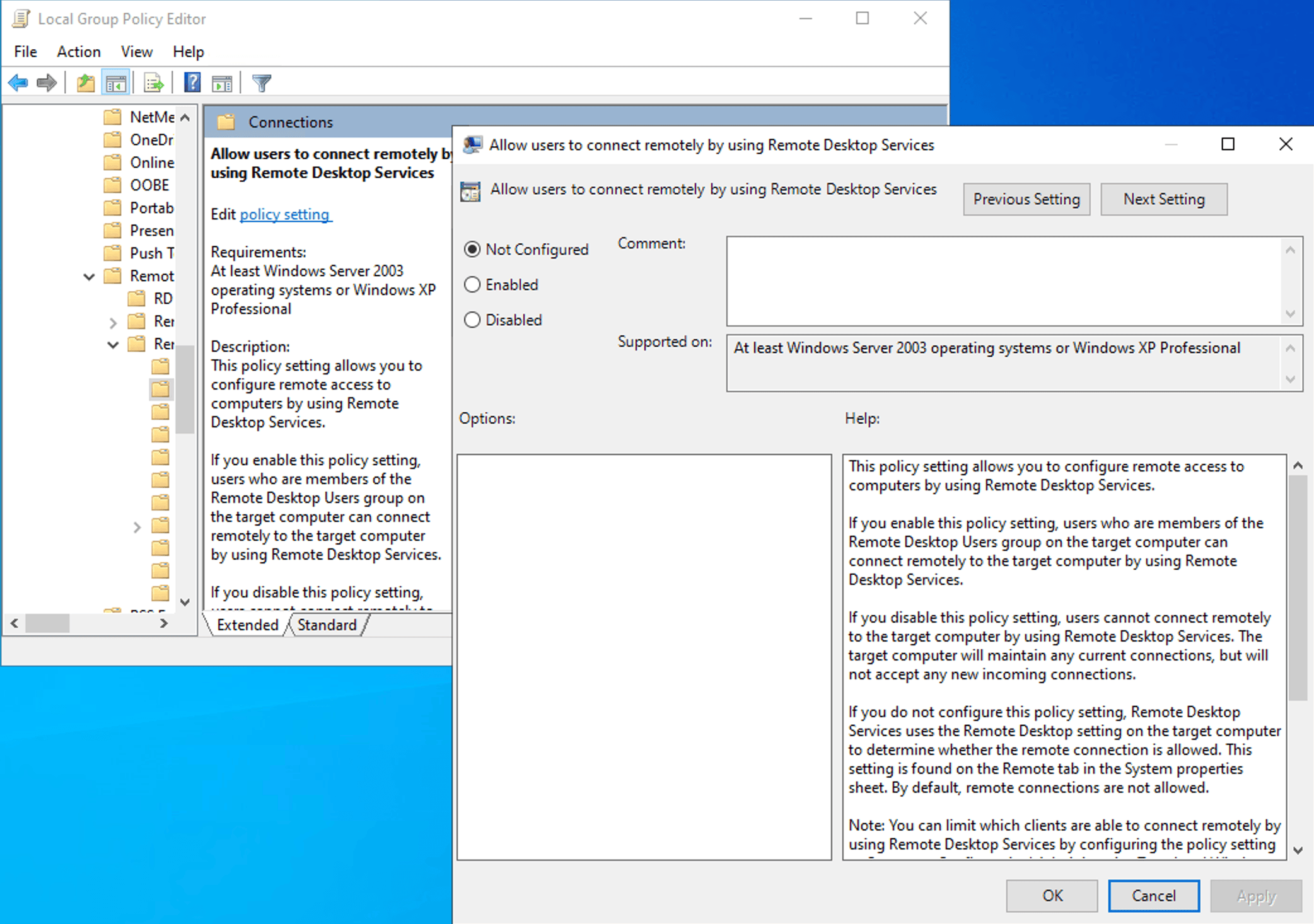 Local Group Policy Editor showing the Allow remote connections via RDS policy.