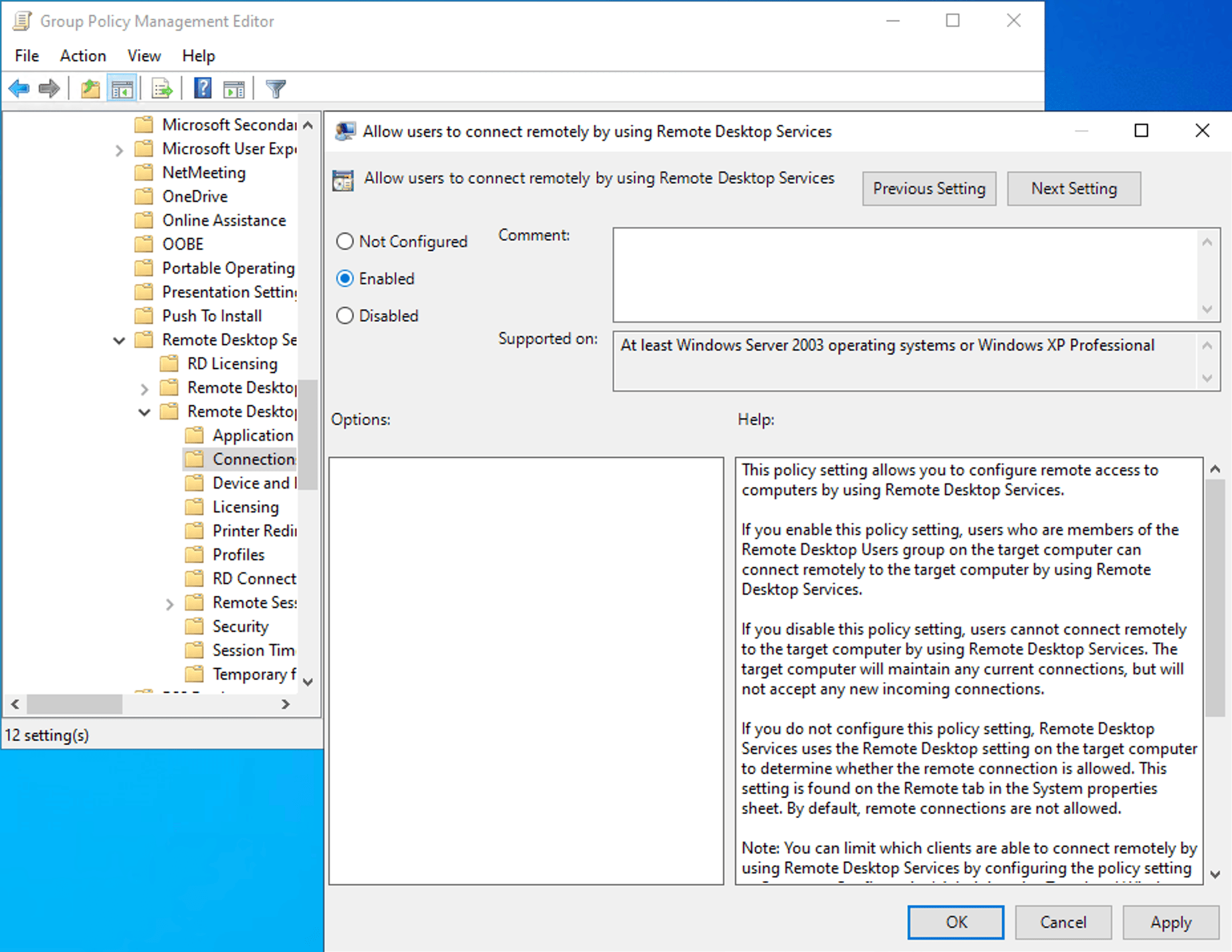 Enabling Remote Desktop Services in GPMC.