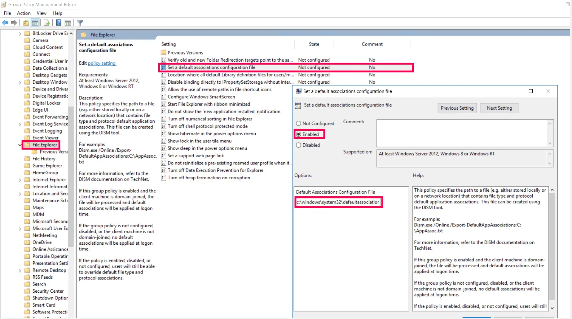 The Group Policy Management Editor with the Set a default associations configuration file policy enabled and a local XML file path specified.