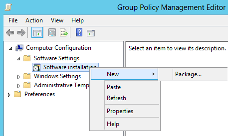 The Group Policy Management Editor with the Open dialog active to select an MSI software package from a network share for deployment