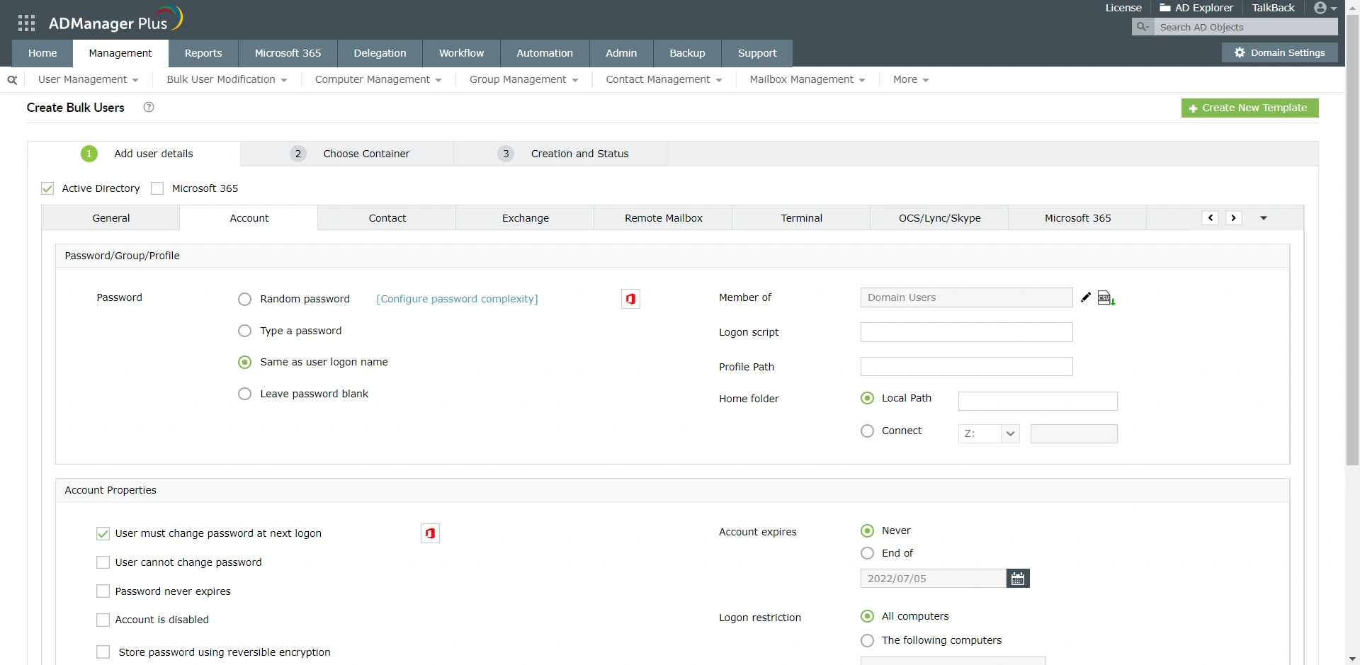 Specify the home folders for multiple users at once