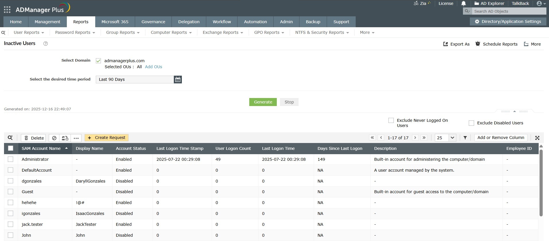 Find and schedule inactive users report in Active Directory using ADManager Plus