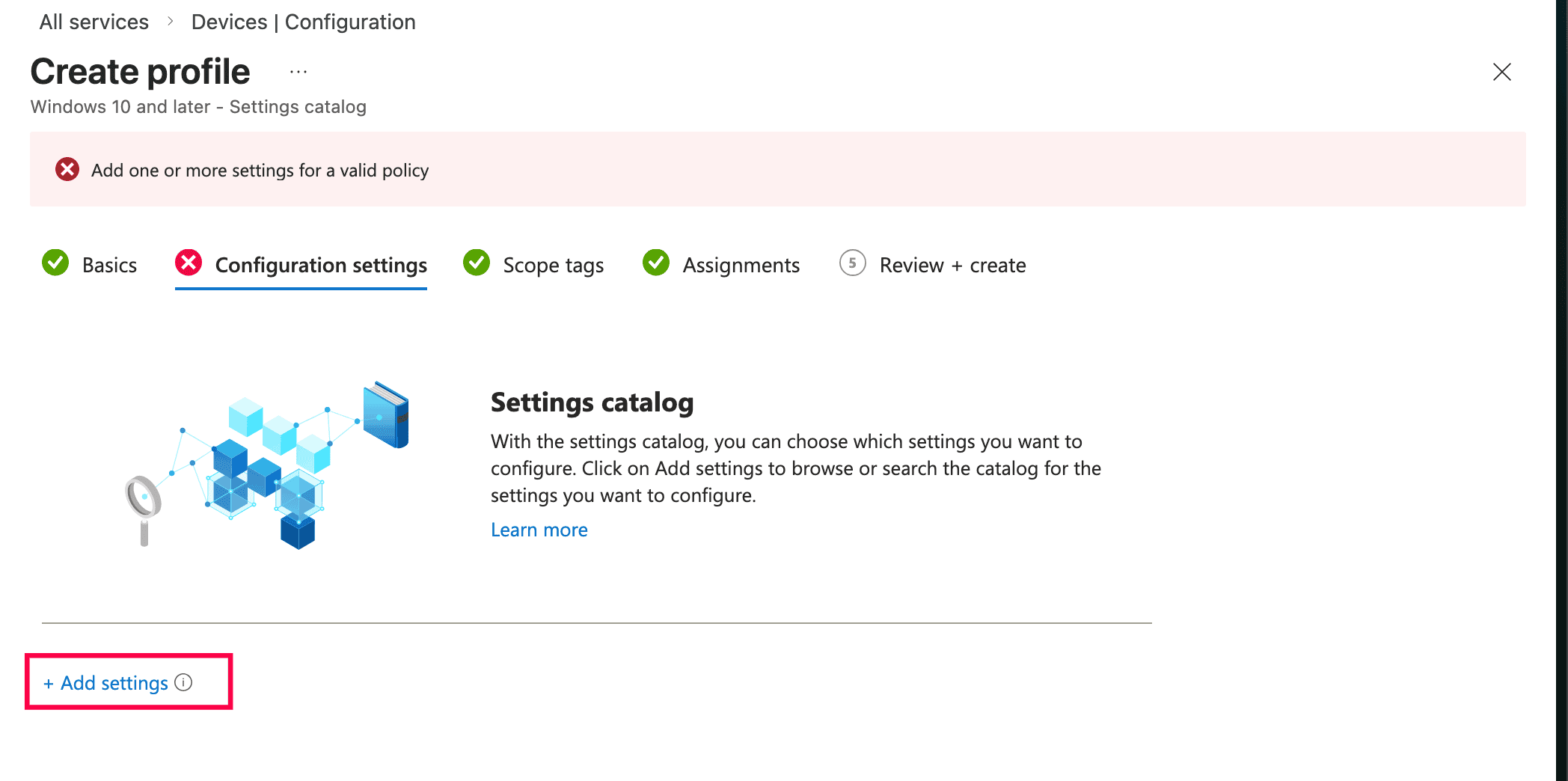 The Microsoft Intune admin center Create profile page showing the Configuration settings tab with the Add settings link highlighted in a red box.