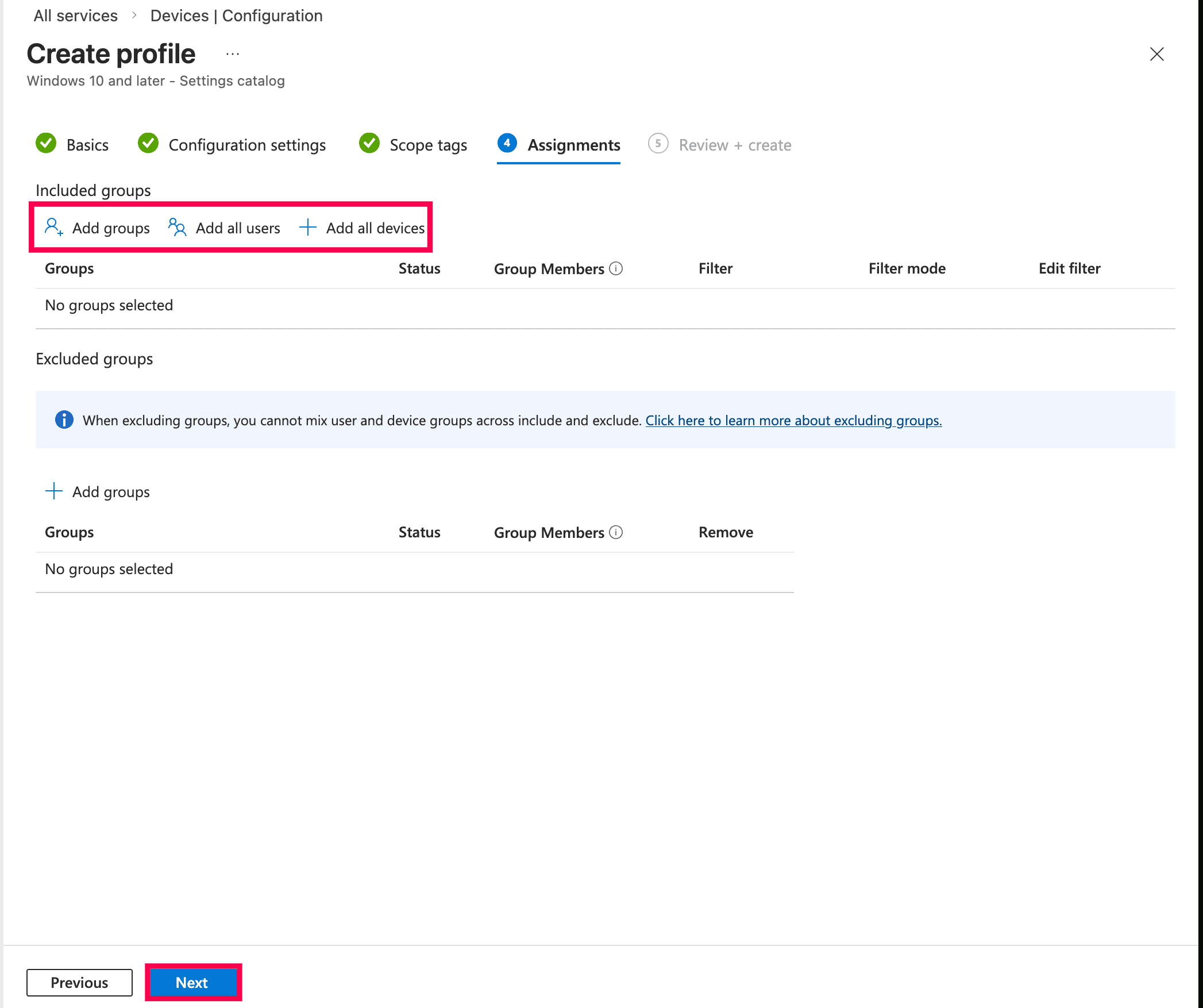 The Microsoft Intune admin center Assignments page for a new profile, highlighting options to add specific groups, all users, or all devices.
