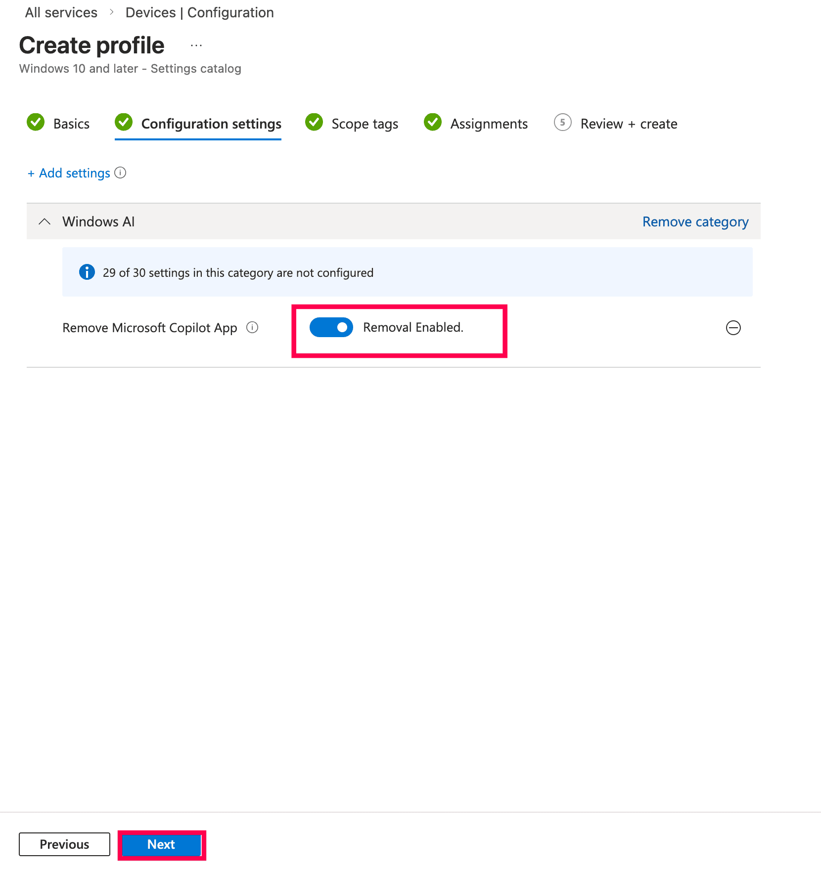 The Microsoft Intune admin center configuration page showing the Remove Microsoft Copilot App setting with the Removal Enabled toggle switched on.