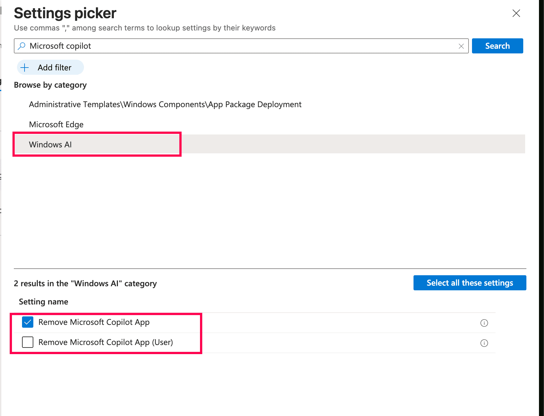 The Microsoft Intune admin center Settings picker search results for Microsoft Copilot, with the Windows AI category and removal option selected.