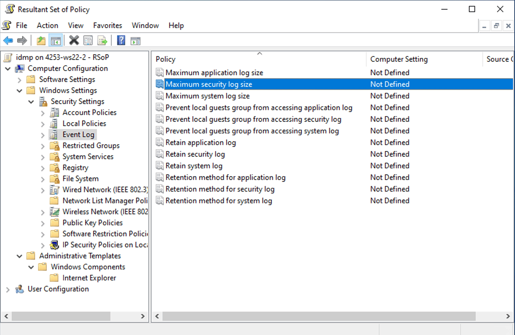 RSoP MMC snap-in showing the Computer Configuration of a Group Policy