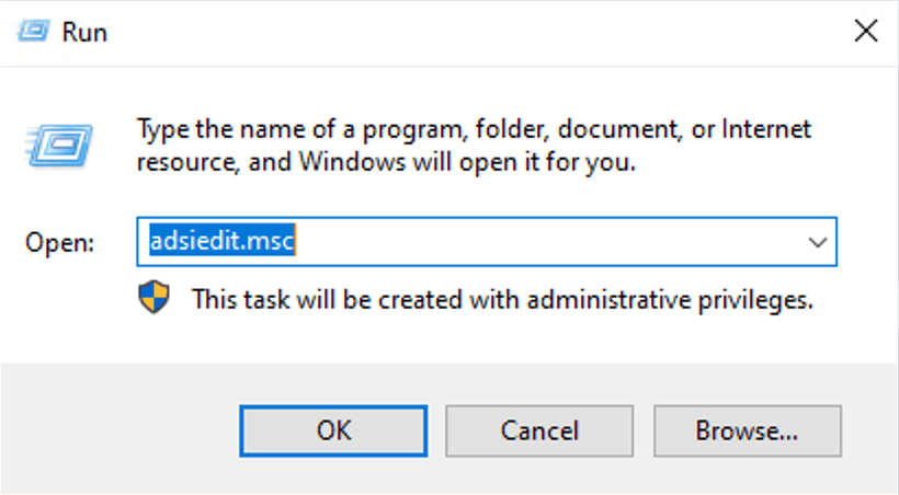 Opening ADSI Edit using Windows Run dialog.