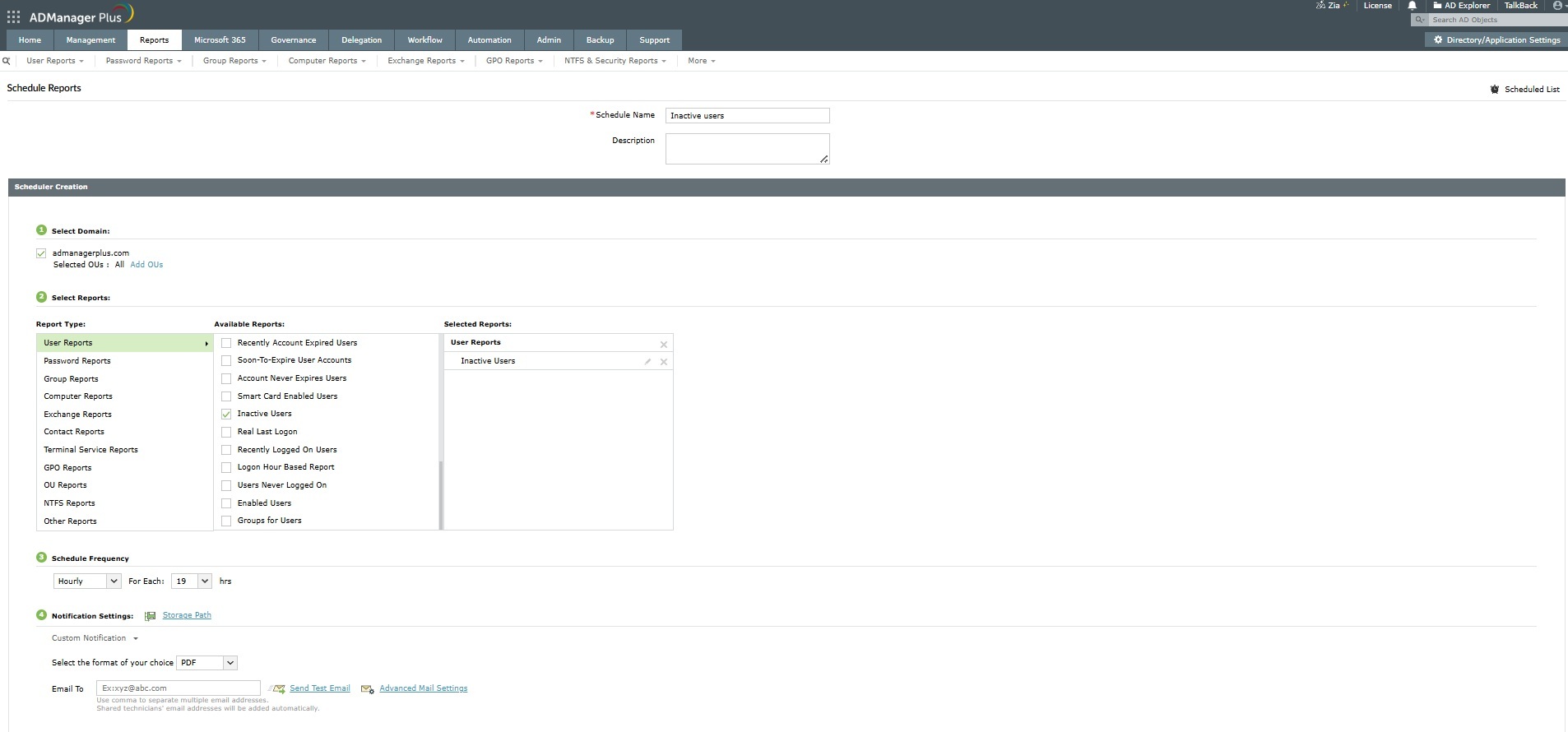 Find and schedule inactive users report in Active Directory using ADManager Plus