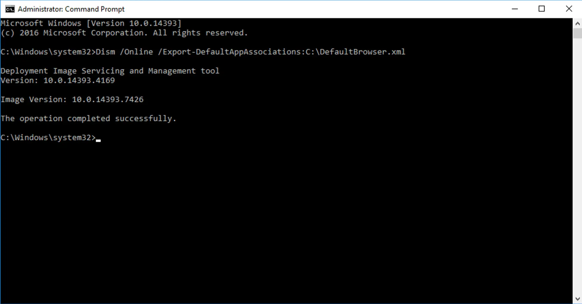 Command Prompt running as administrator, showing the DISM command to export default app associations to an XML file.