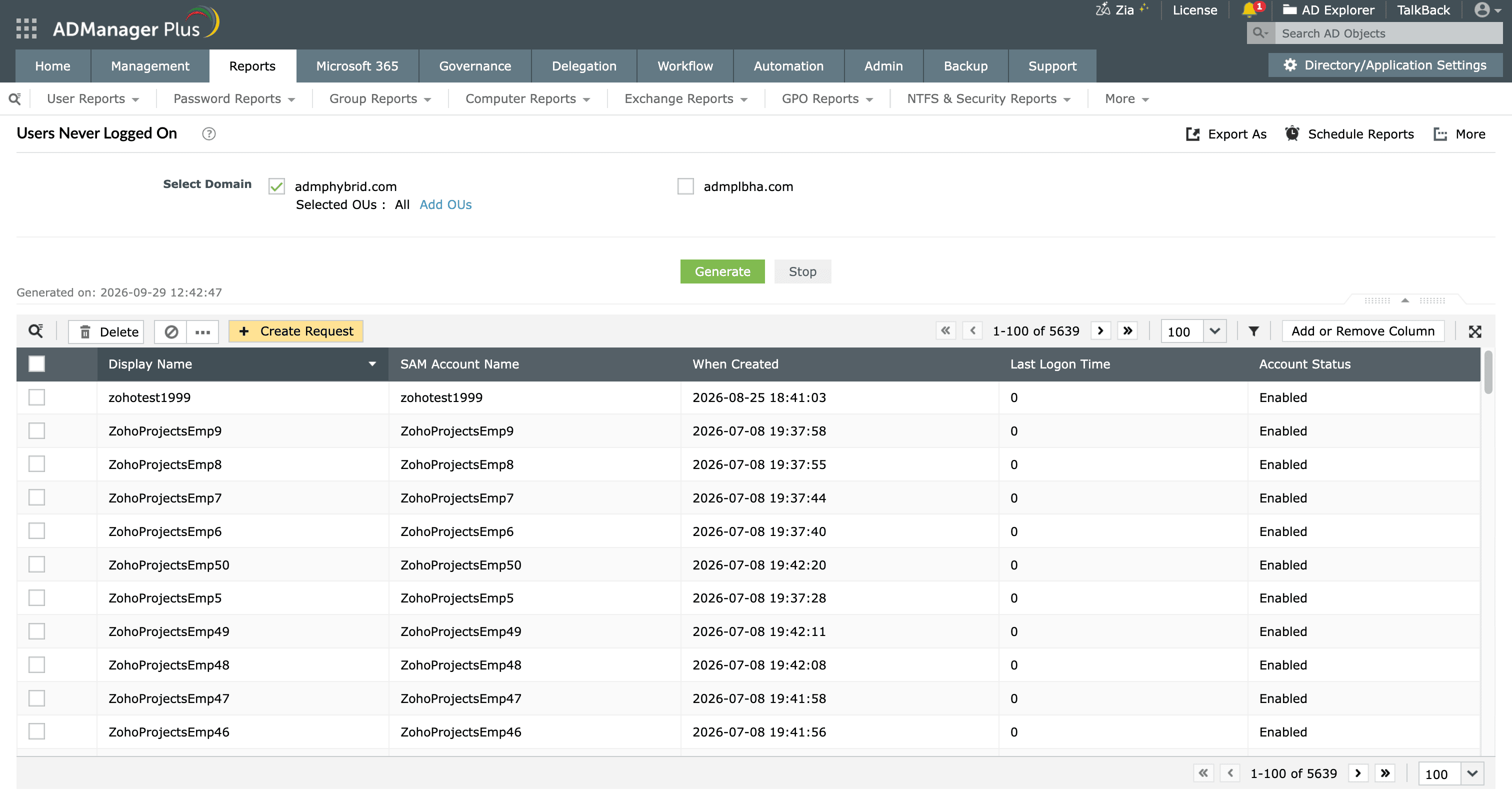 The Users Never Logged On report generated in ADManager Plus