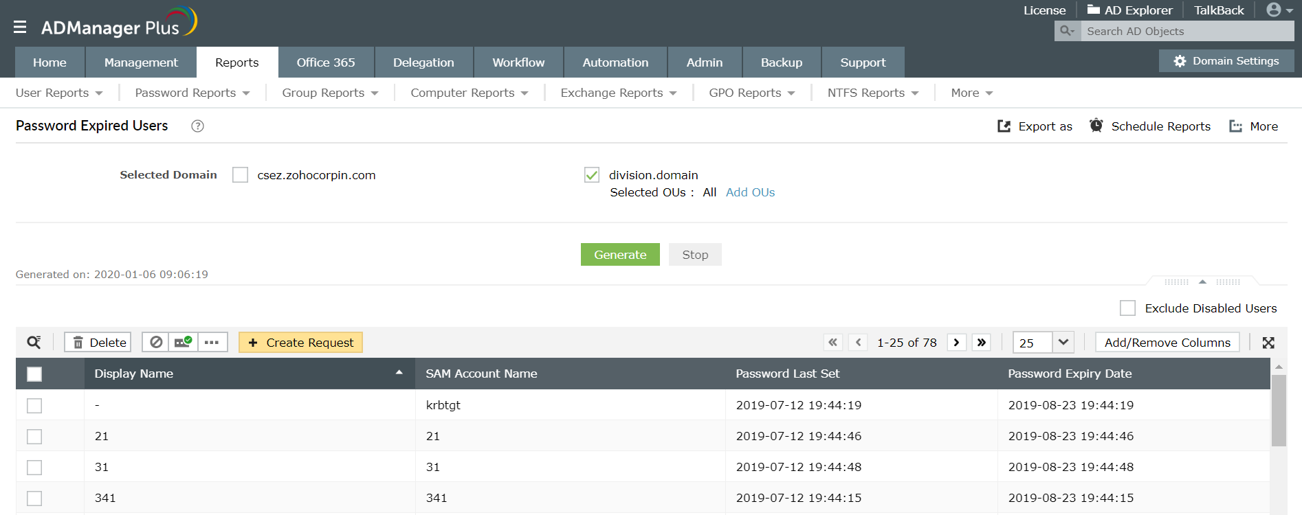 A screenshot of ADManager Plus with a report of all AD users with expired users