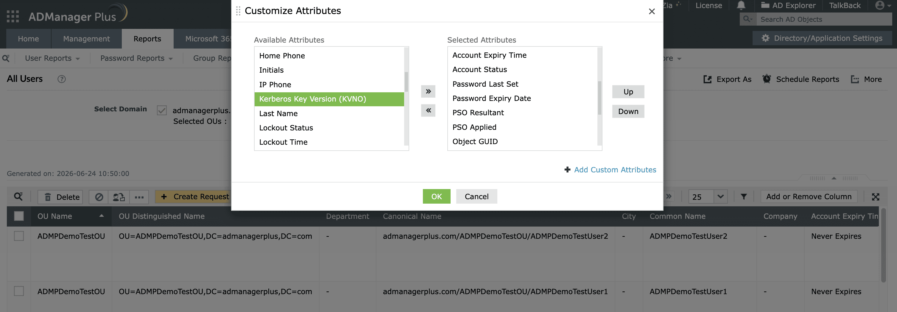 Generating a report to view msDS-KeyVersionNumber in ADManager Plus.