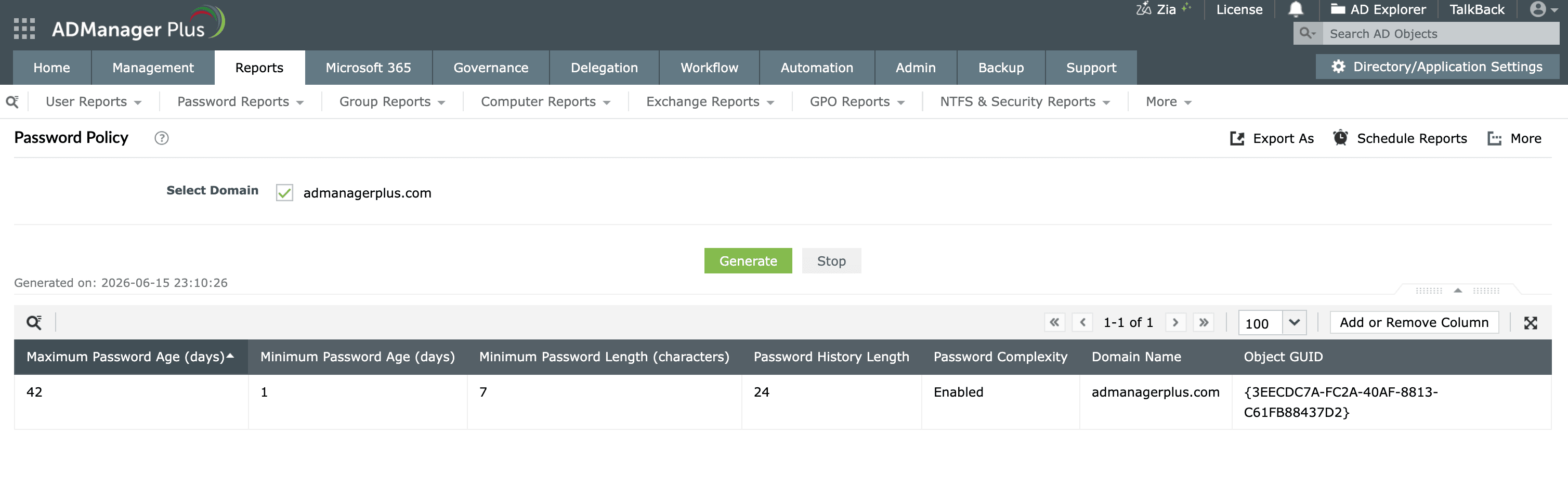 Viewing the current maximum password age using the Password Policy report in ADManager Plus.