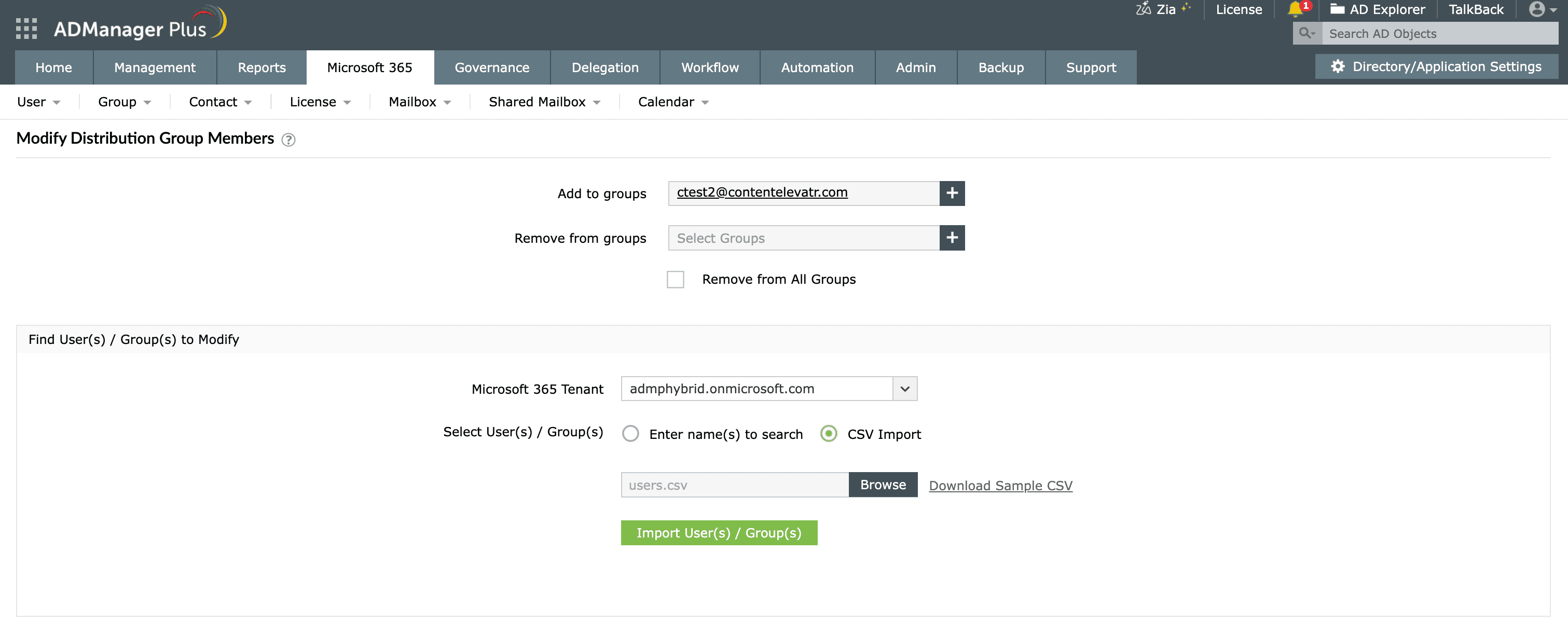 Adding members to a distribution group in Exchange Online using ADManager Plus.