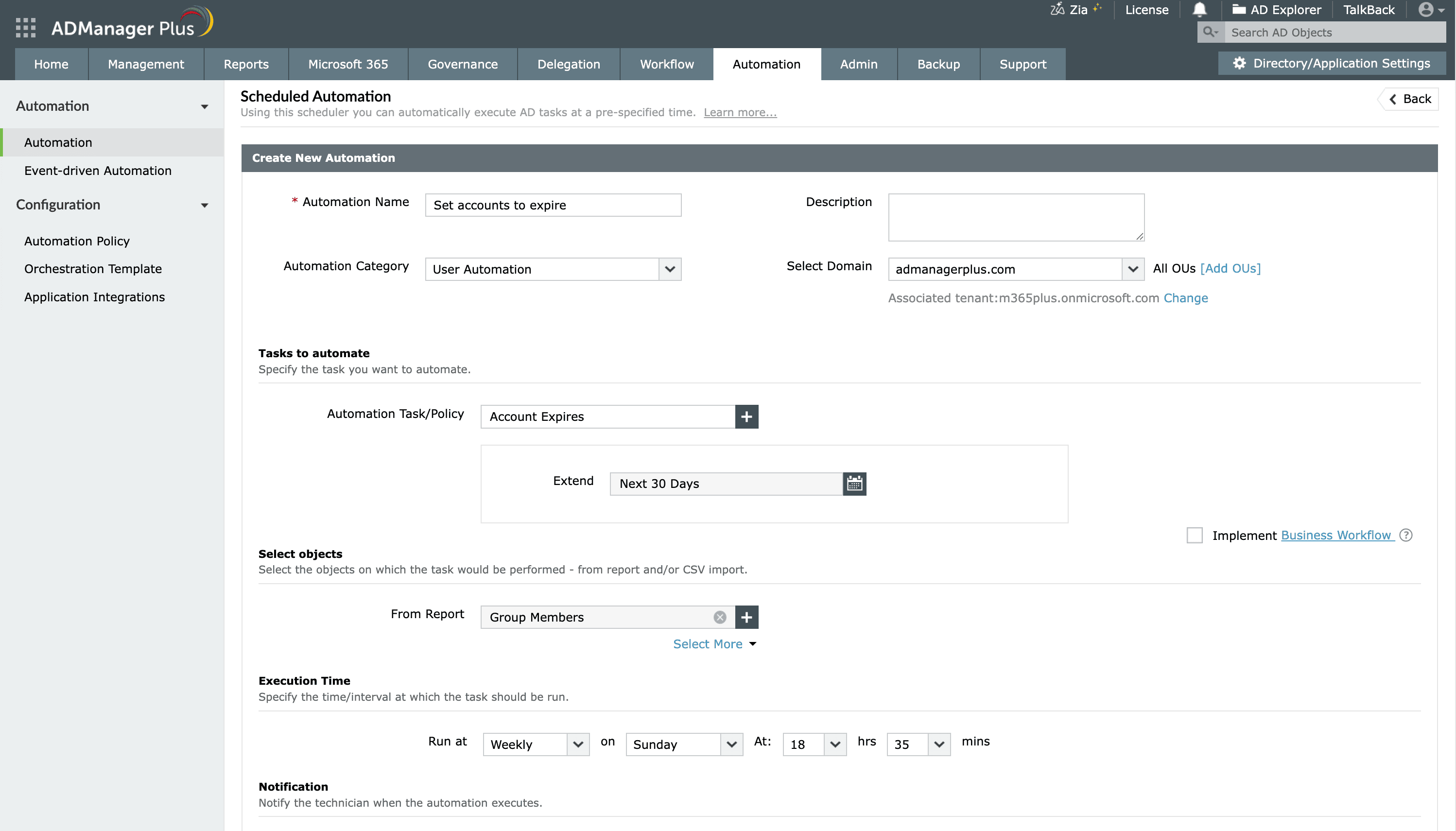 Creating a scheduled automation to manage expired users using ADManager Plus.