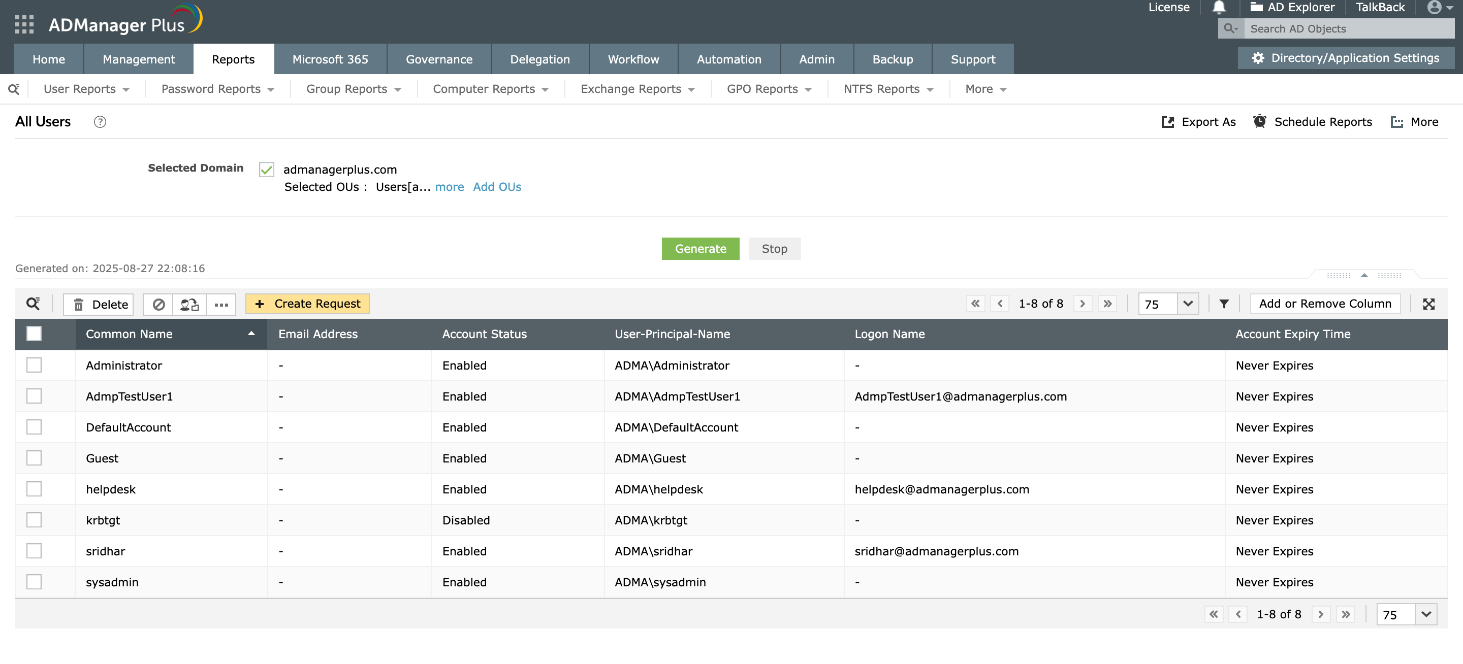 Get all AD users using ADManager Plus' predefined reports.