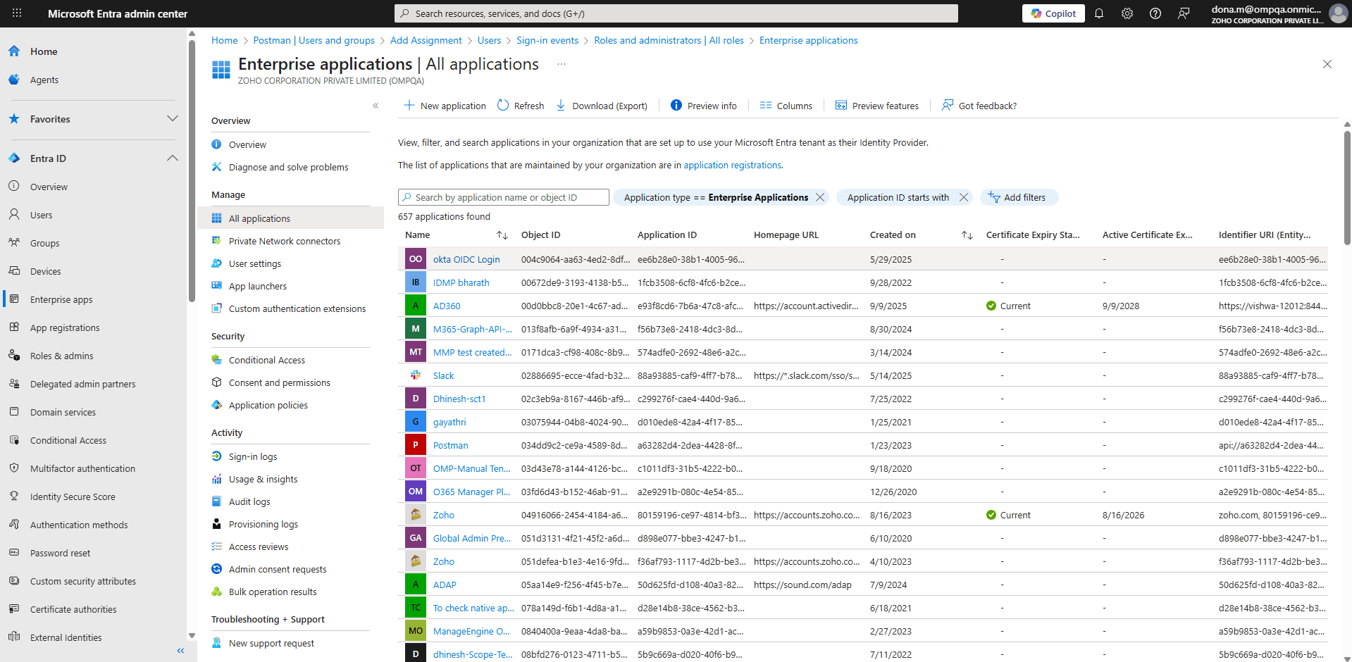 A comprehensive list showing all applications in an organization using the Microsoft Entra admin center.