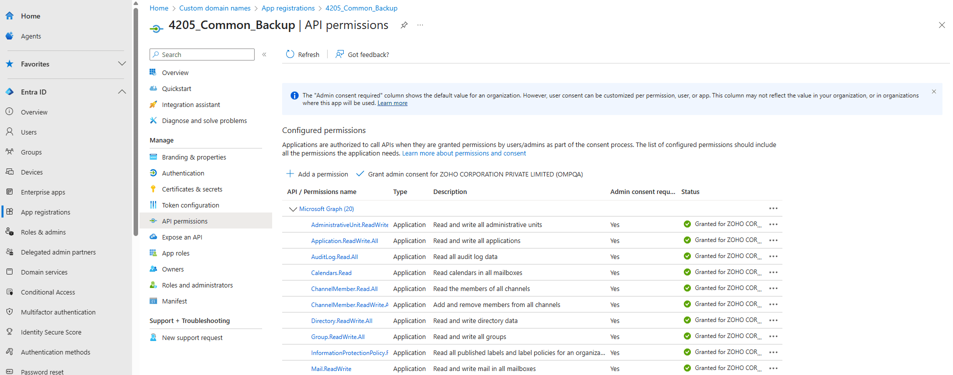 A comprehensive list showing delegated permissions of the client application in the Microsoft Entra admin center.