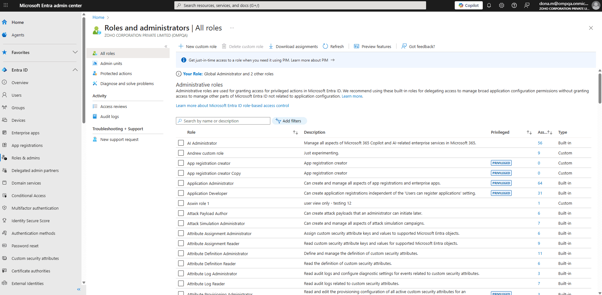 A comprehensive list of all the directory role assignments in the Microsoft Entra admin center.