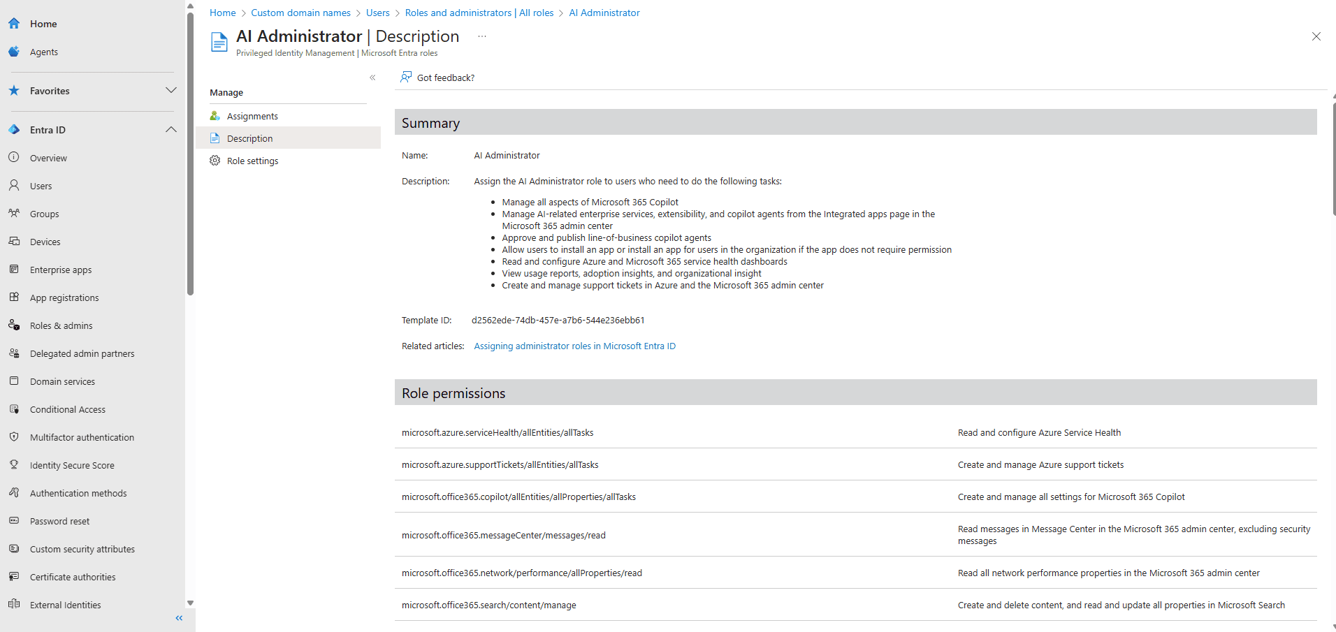 Retrieving role definition in Microsoft Entra ID using the Microsoft Entra admin center.