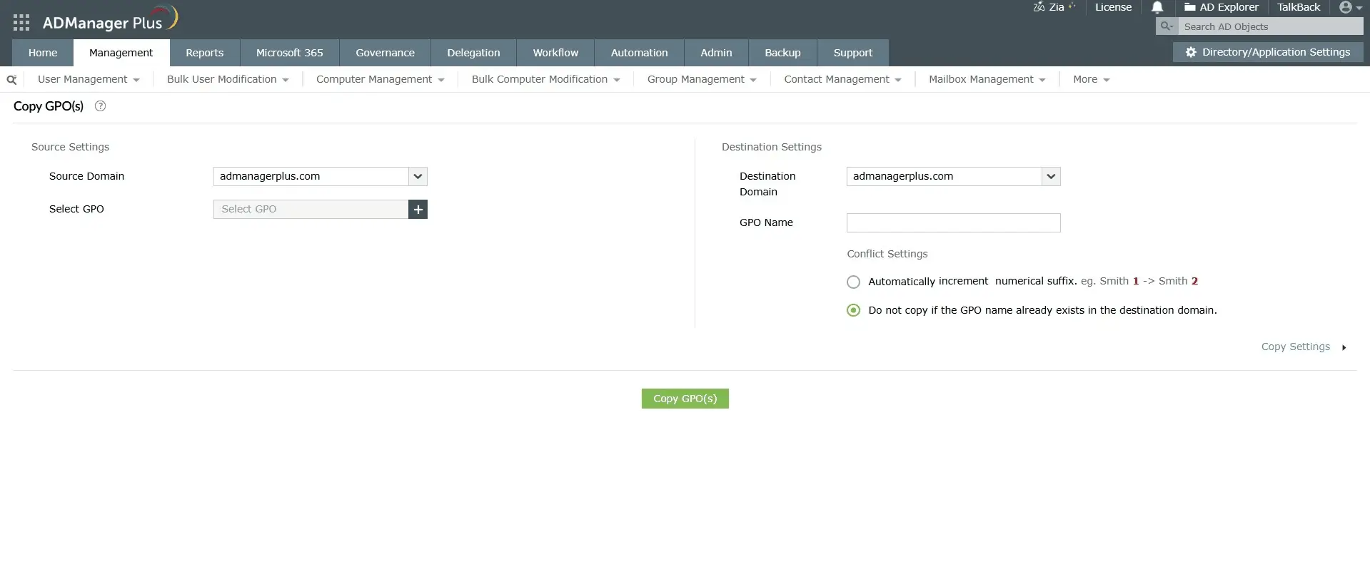 A comprehensive image showing how to import GPOs from another domain using ADManager Plus