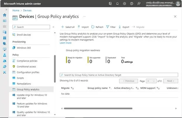 A comprehensive image showing how to import GPO settings into Intune