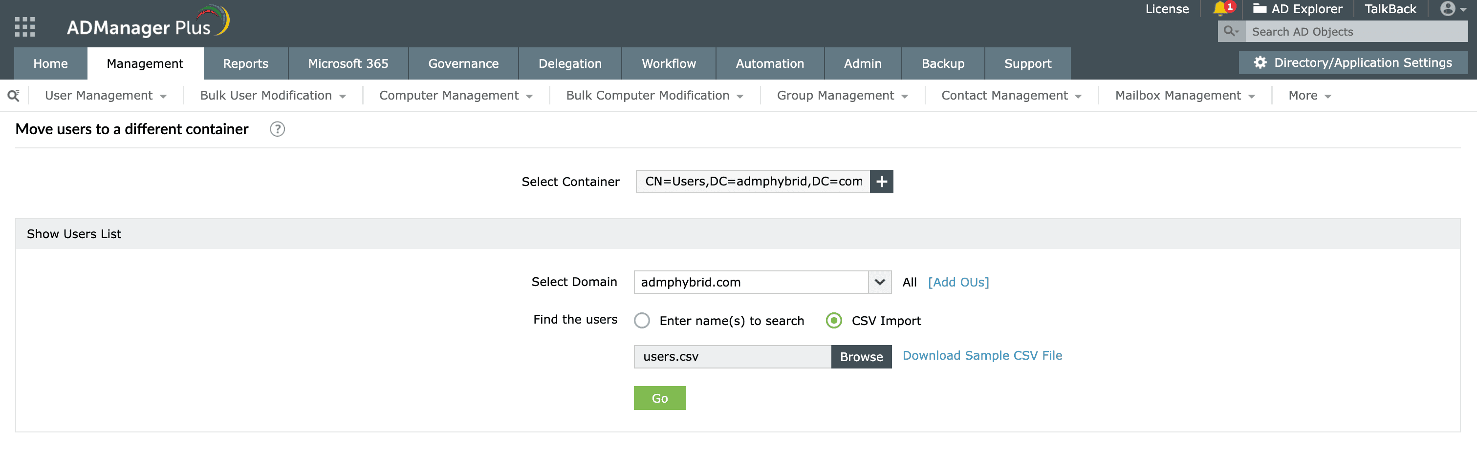 Moving Active Directory users to a different OU using ADManager Plus